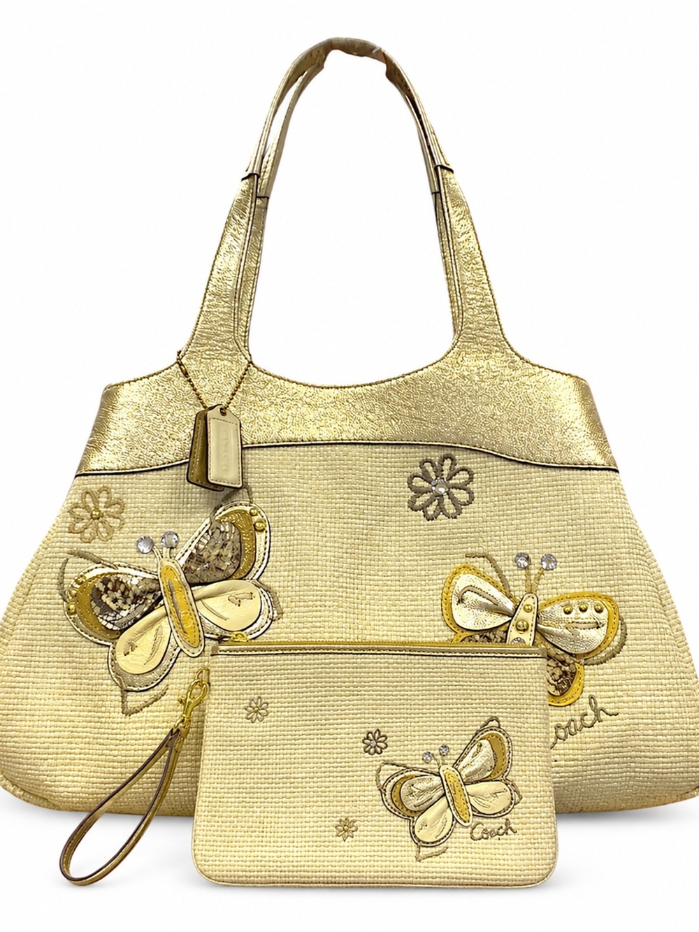 Coach Butterfly AppliquΓ© Straw Tote Shoulder Bag and Wristlet Gold & Cream